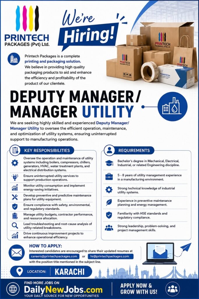 Deputy Manager Utility Jobs 2026 Apply Now