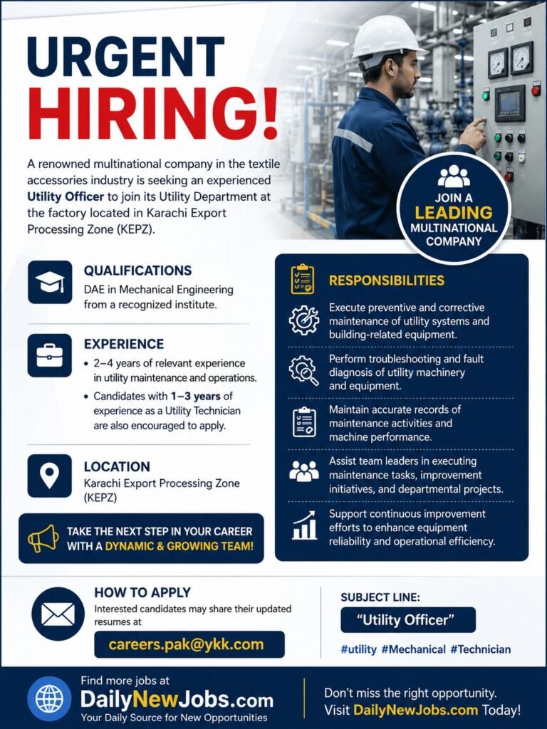 Urgent Utility Officer Jobs  Experienced Mechanical Engineers