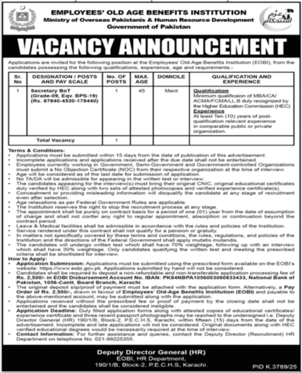 Latest Employees Old Age Benefits Institution EOBI Job 2026