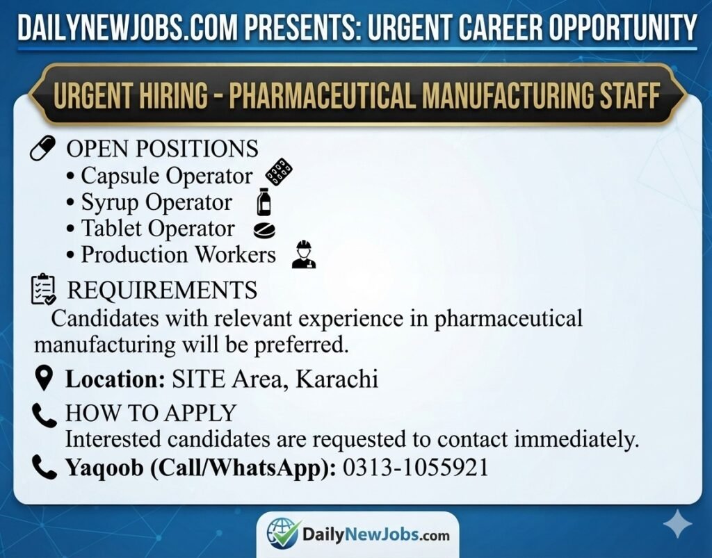 Urgent Pharma Jobs Karachi Experienced Operators Hire