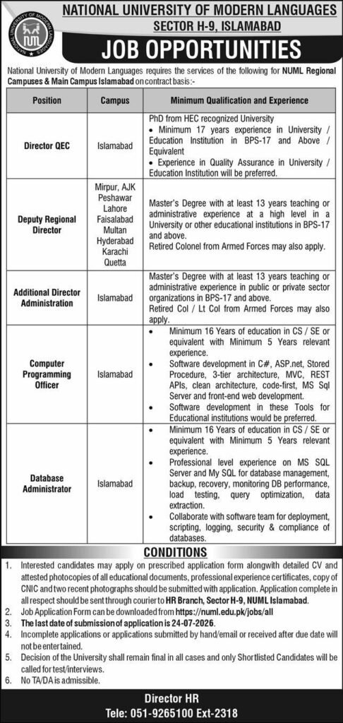 NUML Management Jobs Apply now