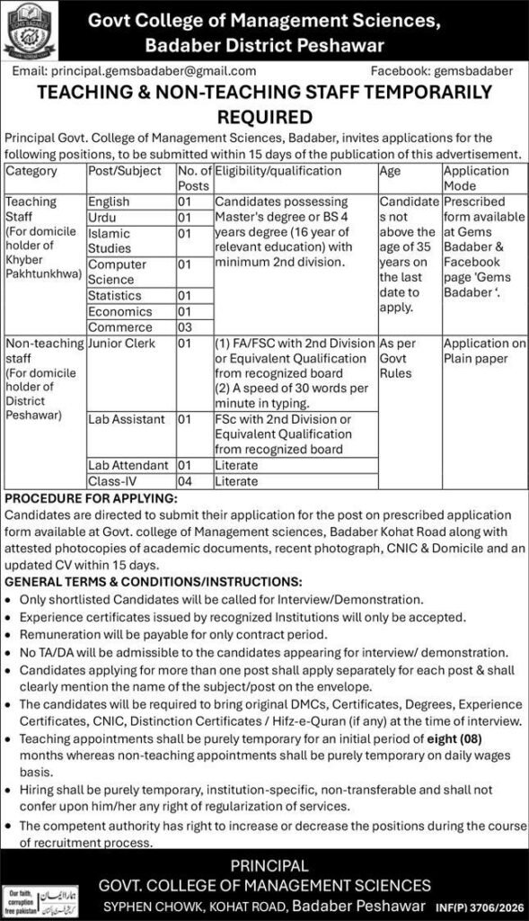 Government College of Management Sciences Jobs 2026 Best Roles