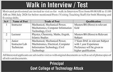 Government College of Technology Attock Jobs 2026 Apply