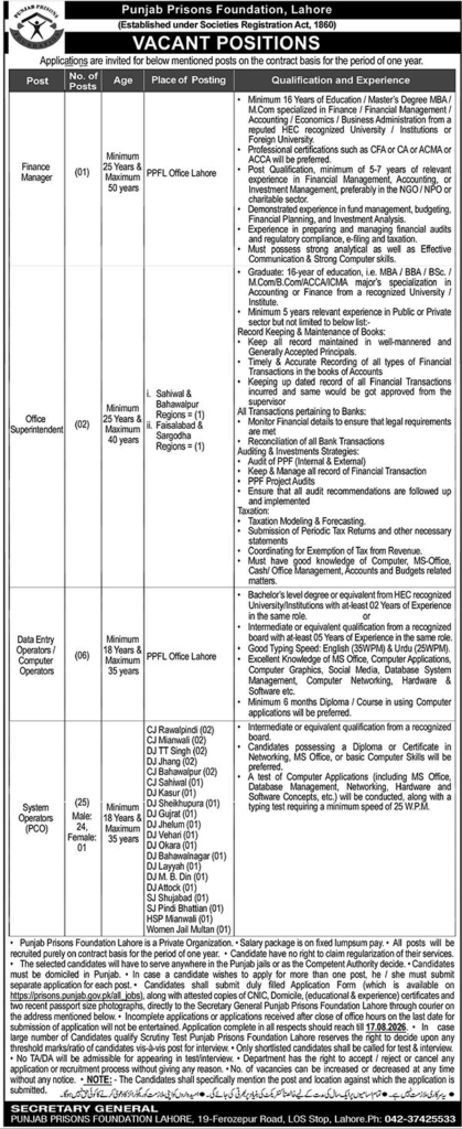 Punjab Prisons Foundation Lahore Jobs 2026 