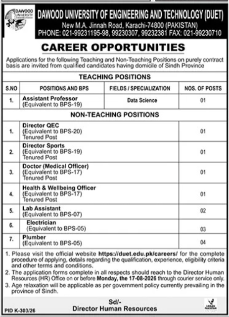 Dawood University of Engineering & Technology Jobs 2026
