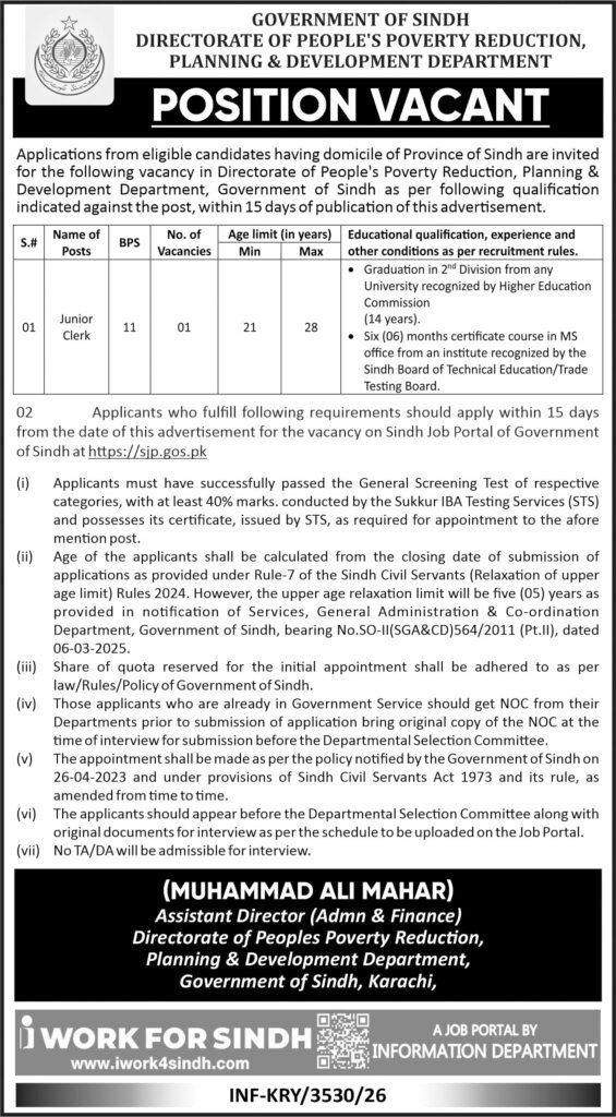 Directorate of People's Poverty Reduction job advertisement showing Junior Clerk post, BPS, age limit and qualification