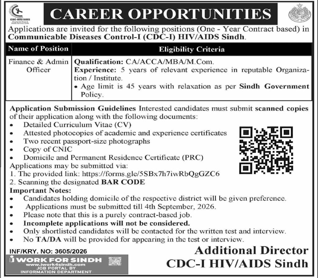 CDC-I HIV AIDS Sindh career opportunities advertisement showing Finance and Admin Officer eligibility criteria