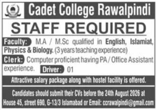 Cadet College Rawalpindi staff required advertisement showing faculty, clerk and driver positions with qualifications
