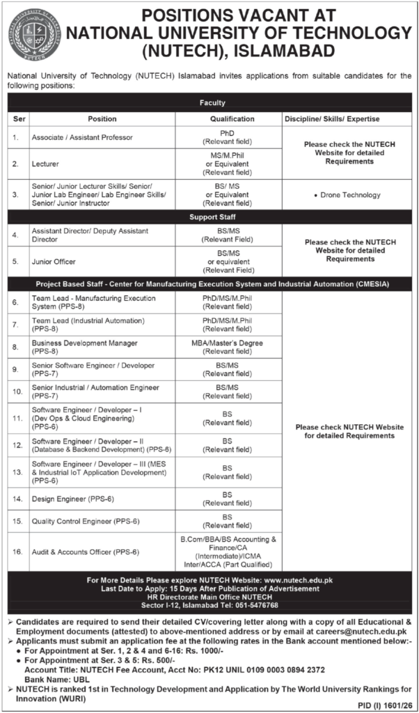 NUTECH job advertisement showing faculty, support staff and CMESIA project positions with qualifications
