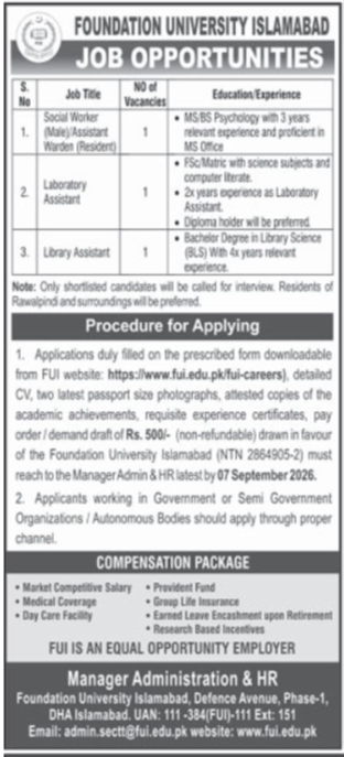 Foundation University Islamabad job advertisement showing Social Worker, Laboratory Assistant and Library Assistant positions
