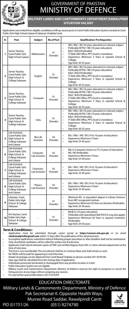 Ministry of Defence advertisement showing eligibility table for 10 teaching, lab assistant, librarian and art teacher posts at Cantt Public Girls High Schools Lalazar and Sabzazar