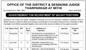 District and Sessions Court Tharparkar Mithi jobs advertisement 2026