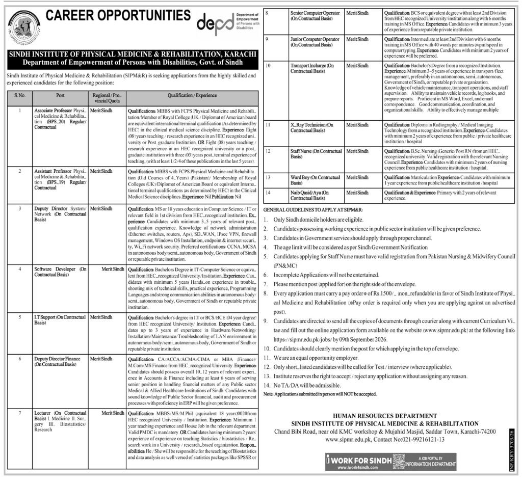 Sindh Institute of Physical Medicine Rehabilitation Karachi jobs advertisement 2026