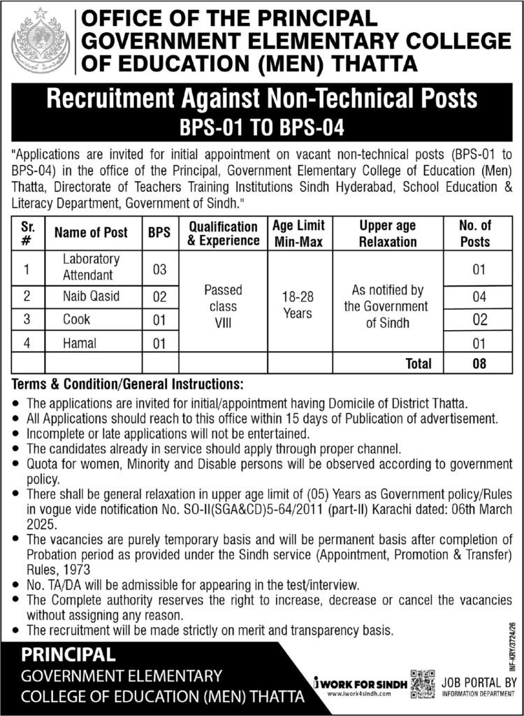 Office of Principal Government Elementary College Education Thatta job advertisement Express Tribune 29 August 2026