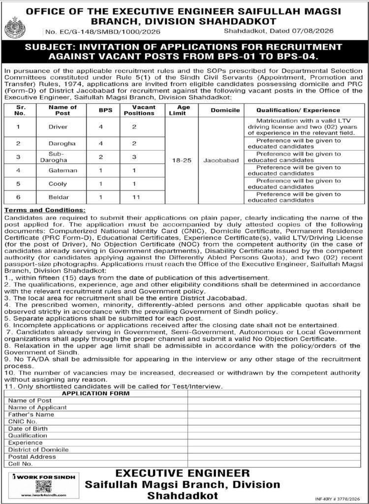 Executive Engineer Saifullah Magsi Branch Shahdadkot recruitment notice showing Driver, Darogha, Sub-Darogha, Beldar vacancies for Jacobabad domicile