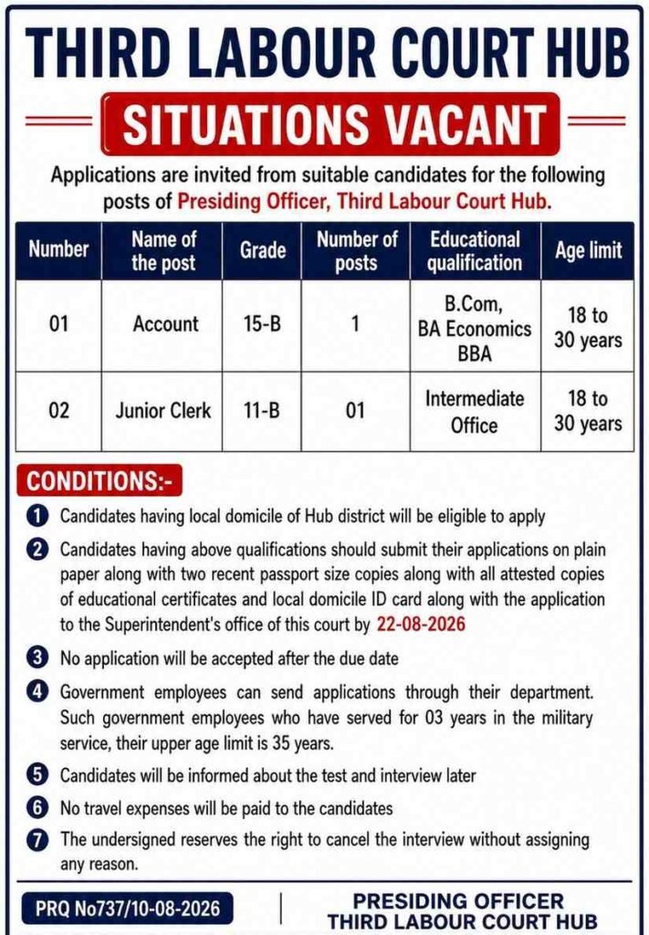 	Third Labour Court Hub eligibility table showing Account and Junior Clerk qualifications, grade and age limit