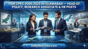 Illustration of policy researchers reviewing economic data, representing PIDE CPEC jobs Islamabad 2026