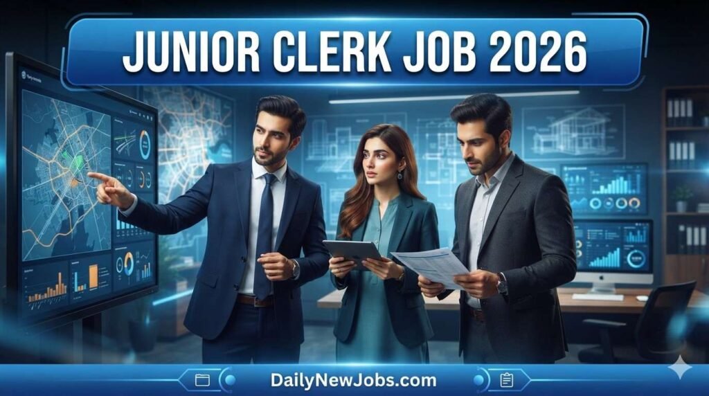 Illustration of a clerical worker at a desk, representing Junior Clerk jobs Karachi 2026