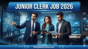 Illustration of a clerical worker at a desk, representing Junior Clerk jobs Karachi 2026