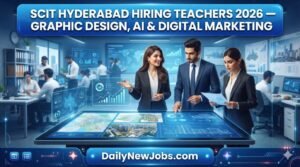 Illustration of a teacher instructing students with digital skills icons, representing SCIT Hyderabad teaching jobs 2026