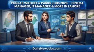 Illustration of a cinema screening setup with wildlife-themed content, representing Punjab Wildlife Parks Cinema jobs 2026