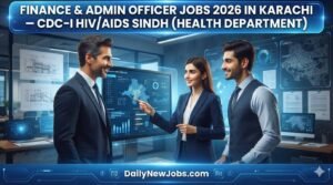Illustration of a finance officer reviewing documents in a health administration setting, representing CDC-I HIV/AIDS Sindh jobs 2026