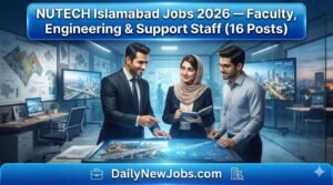 Illustration of engineers working with automation and software systems, representing NUTECH Islamabad jobs 2026