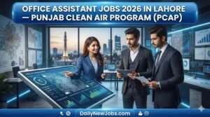 Illustration of an office assistant organizing documents, representing PCAP Office Assistant jobs Lahore 2026