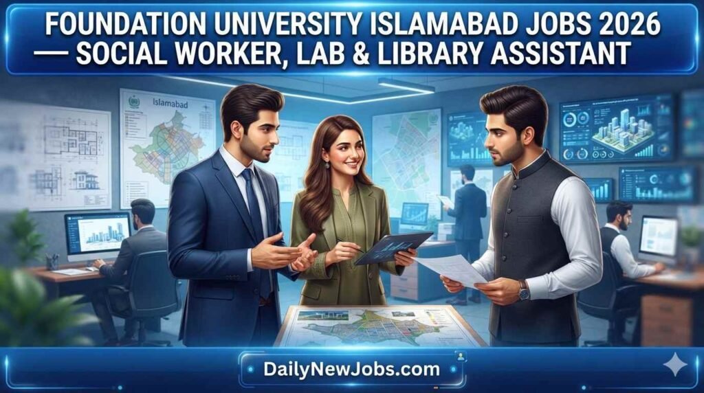 Illustration of university library and laboratory staff, representing Foundation University Islamabad jobs 2026