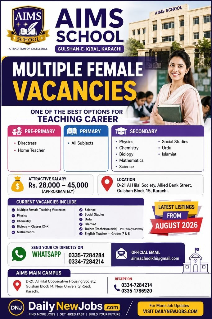 AIMS School Female Teacher Jobs Karachi 2026