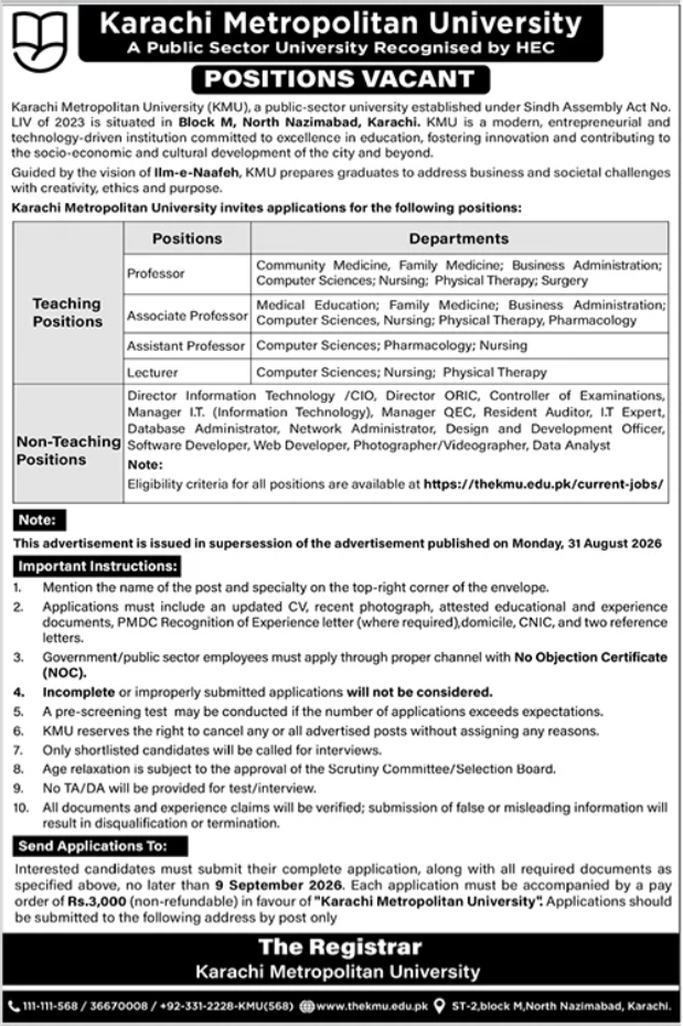 Karachi Metropolitan University positions vacant advertisement showing teaching and non-teaching departments