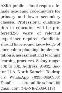 ASRA Public School North Karachi newspaper advertisement for female academic coordinator vacancy