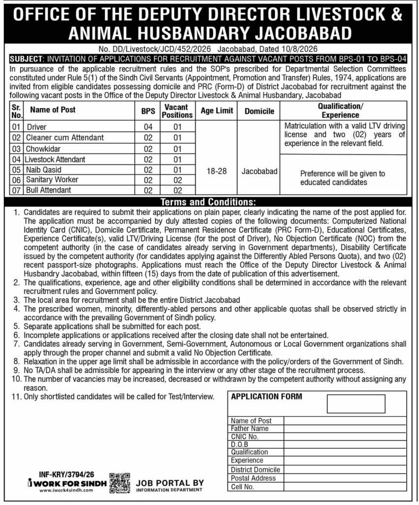 Office of Deputy Director Livestock and Animal Husbandry Jacobabad recruitment notice showing Driver, Chowkidar, Sanitary Worker, Bull Attendant vacancies