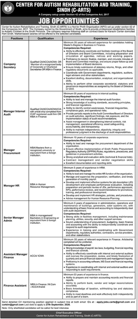 Center for Autism Rehabilitation and Training Sindh job advertisement showing Company Secretary, Manager HR, Manager Procurement and other positions