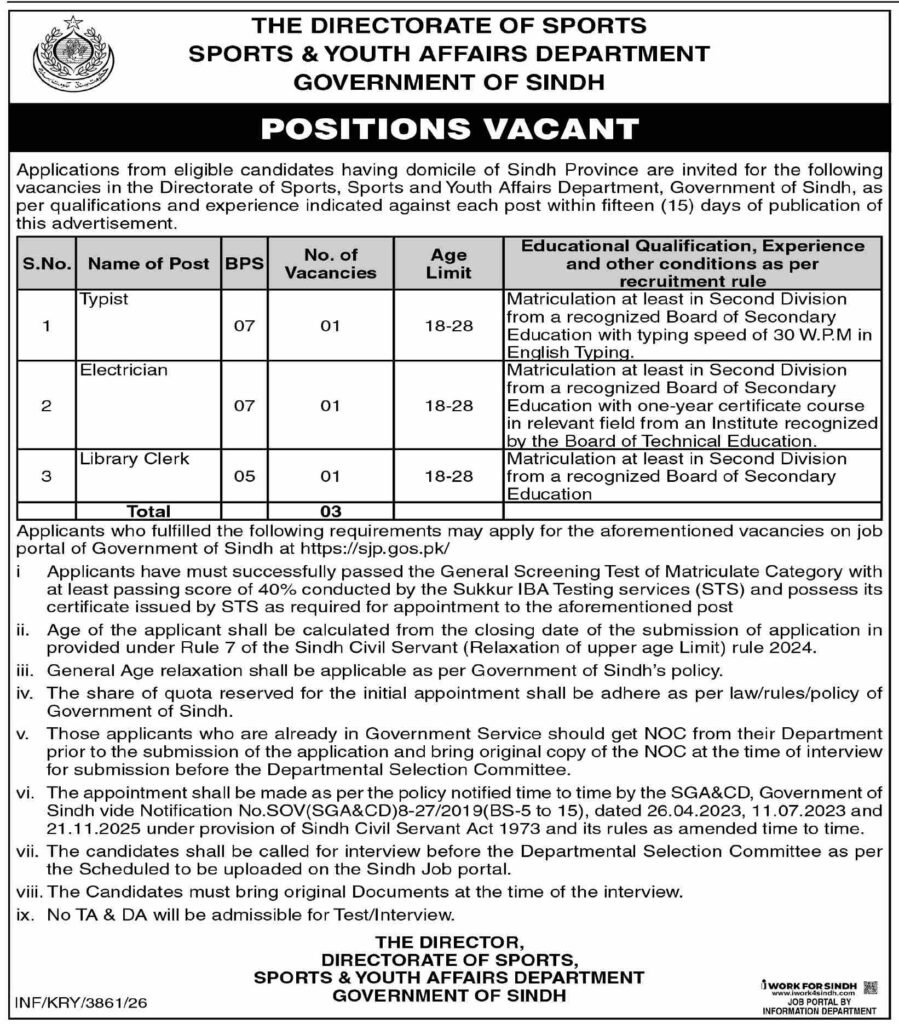 Sindh Sports Department advertisement showing Typist Electrician and Library Clerk vacancies