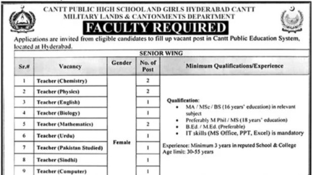 Cantt Public Education System Hyderabad faculty required advertisement 2026