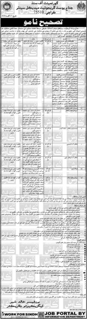 JPMC advertisement showing consultant, senior doctor, staff nurse and biomedical staff vacancies