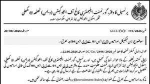 Government Elementary College of Education Women Thatta Makli recruitment notice showing Naib Qasid and Cook vacancies