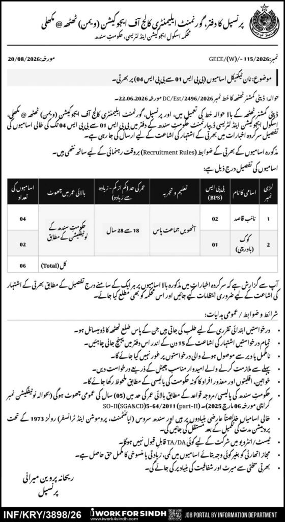 Government Elementary College of Education Women Thatta Makli recruitment notice showing Naib Qasid and Cook vacancies