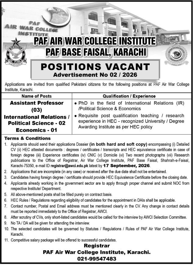 PAF Air War College Institute Karachi advertisement showing Assistant Professor vacancies in International Relations, Political Science, and Economics Caption: Official adverti