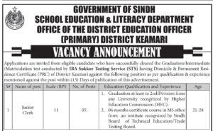 District Education Officer Keamari Junior Clerk vacancy announcement 2026
