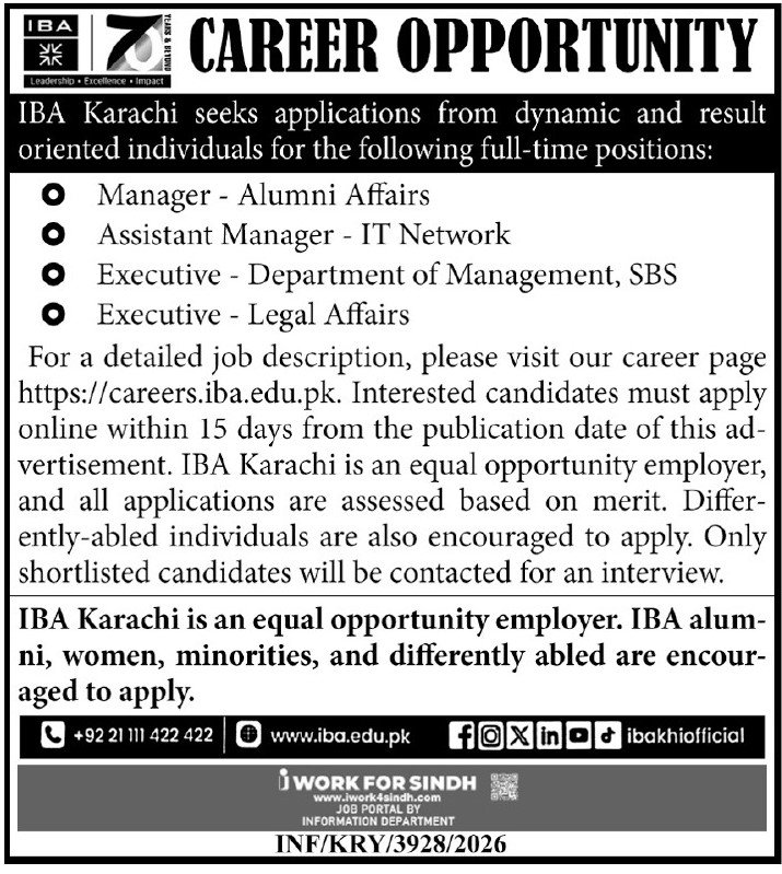 Institute of Business Administration Karachi career opportunity advertisement showing Manager and Executive positions