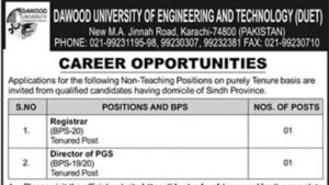 Dawood University of Engineering and Technology career opportunities advertisement 2026