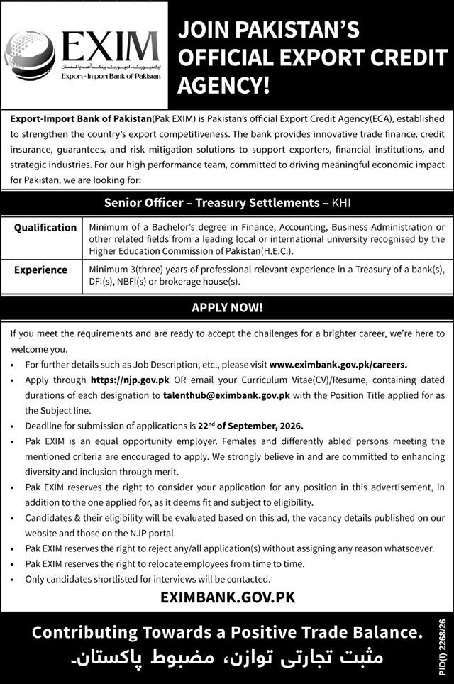 Export Import Bank of Pakistan Karachi career advertisement showing Senior Officer Treasury Settlements position