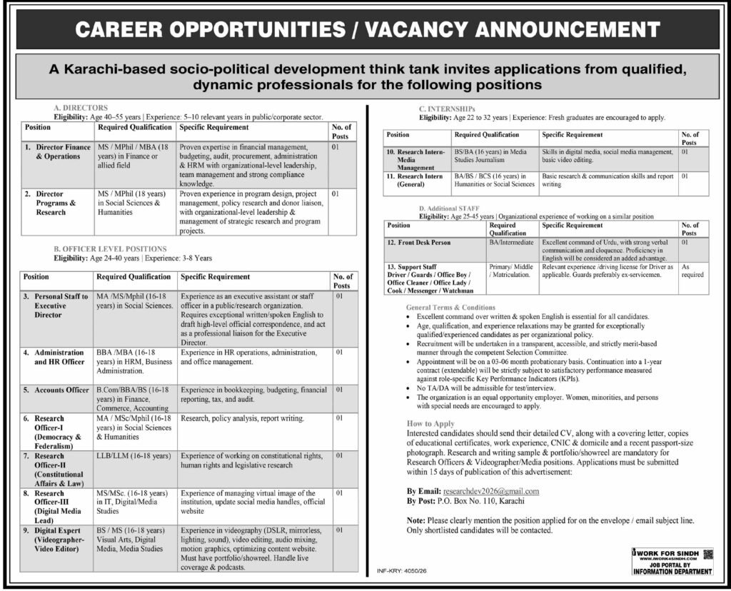 Karachi socio-political development think tank advertisement showing Director, Officer, Internship, and Support Staff positions