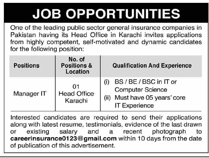 Public sector insurance company Karachi advertisement showing Manager IT position qualification and experience requirements