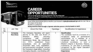 Ad showing qualification and experience table for six TransKarachi management and specialist positions
