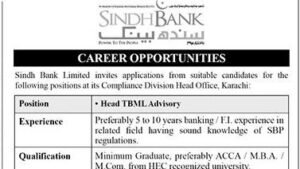 Sindh Bank Limited career opportunities Compliance Division advertisement 2026