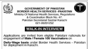 Border Health Services Pakistan walk-in interview Vaccinator advertisement 2026