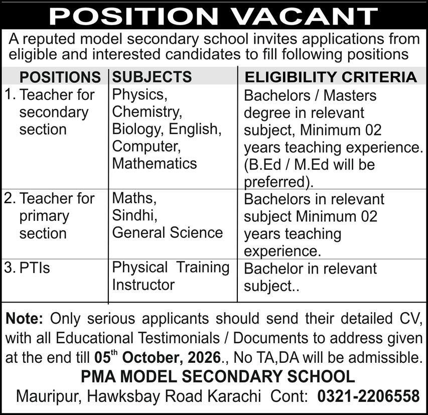 PMA Model Secondary School Karachi Jobs 2026